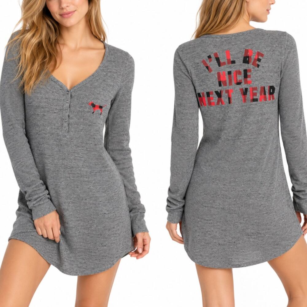 PINK Victoria's Secret I'll Be Nice Next Year Thermal Henley Sleepshirt Size XS